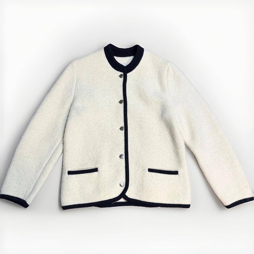 Orvis Boiled Wool Vtg Jacket Size M Tyrolean Geiger Fabric Cream Black Cardigan